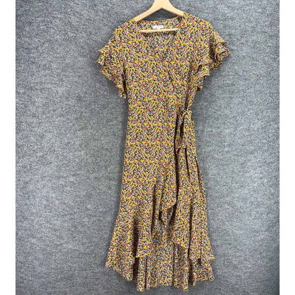 Max Studio Wrap Dress Women S Small Yellow Floral Midi Tasseled Belted V-Neck - Picture 1 of 7